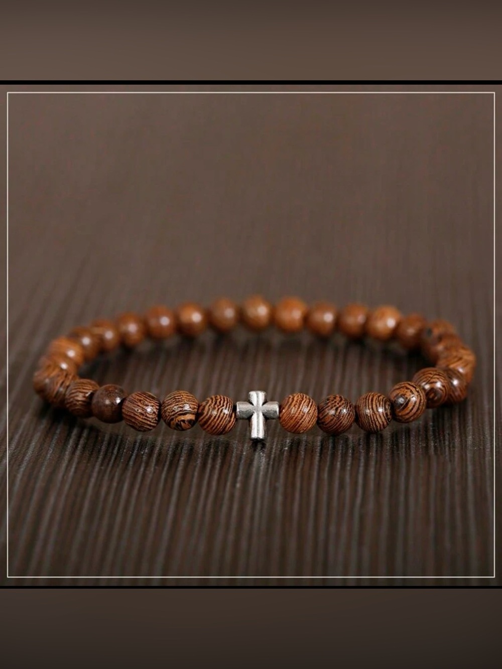 Men's Brown Wood Bead Bracelet with Silver Cross